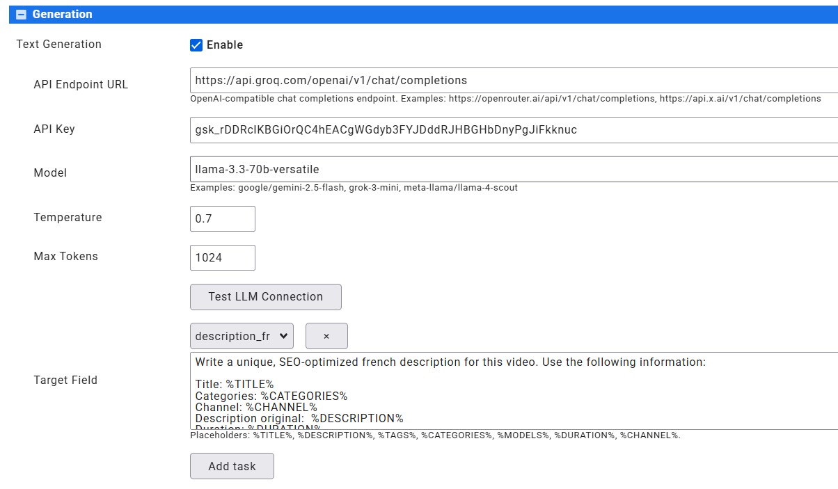 AI Meta Generator &mdash; Generation with LLM settings
