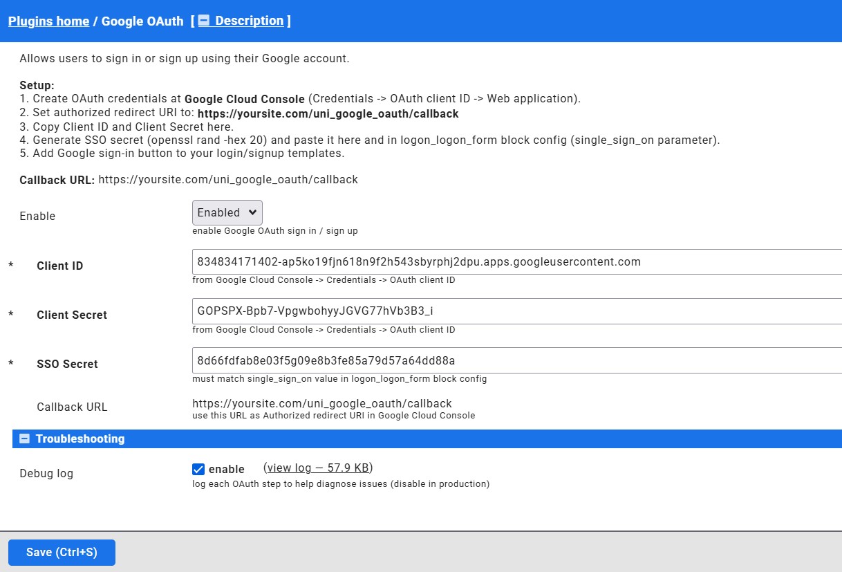 Plugin admin panel