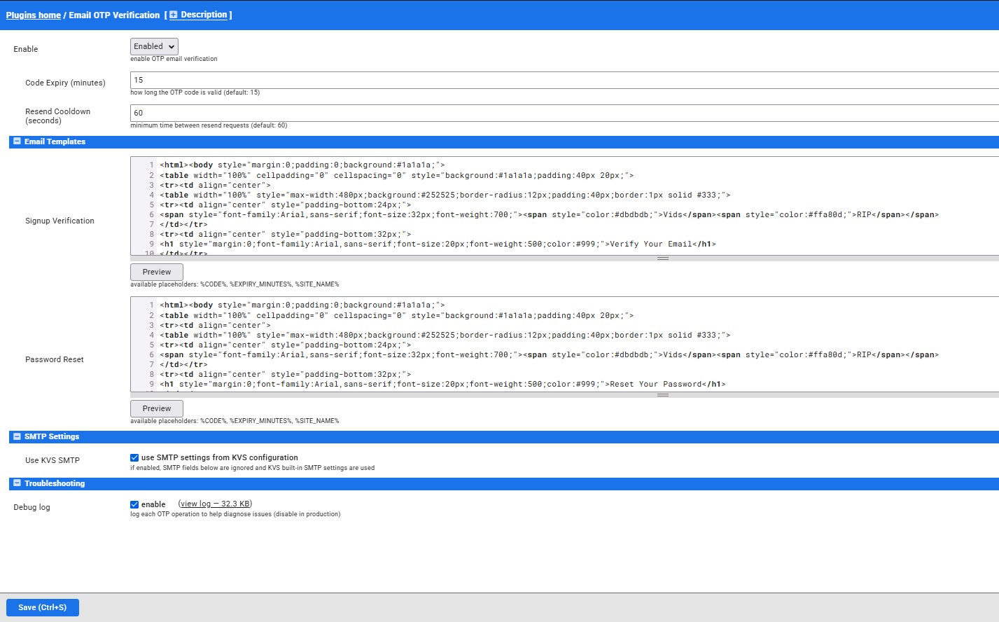 Plugin admin panel