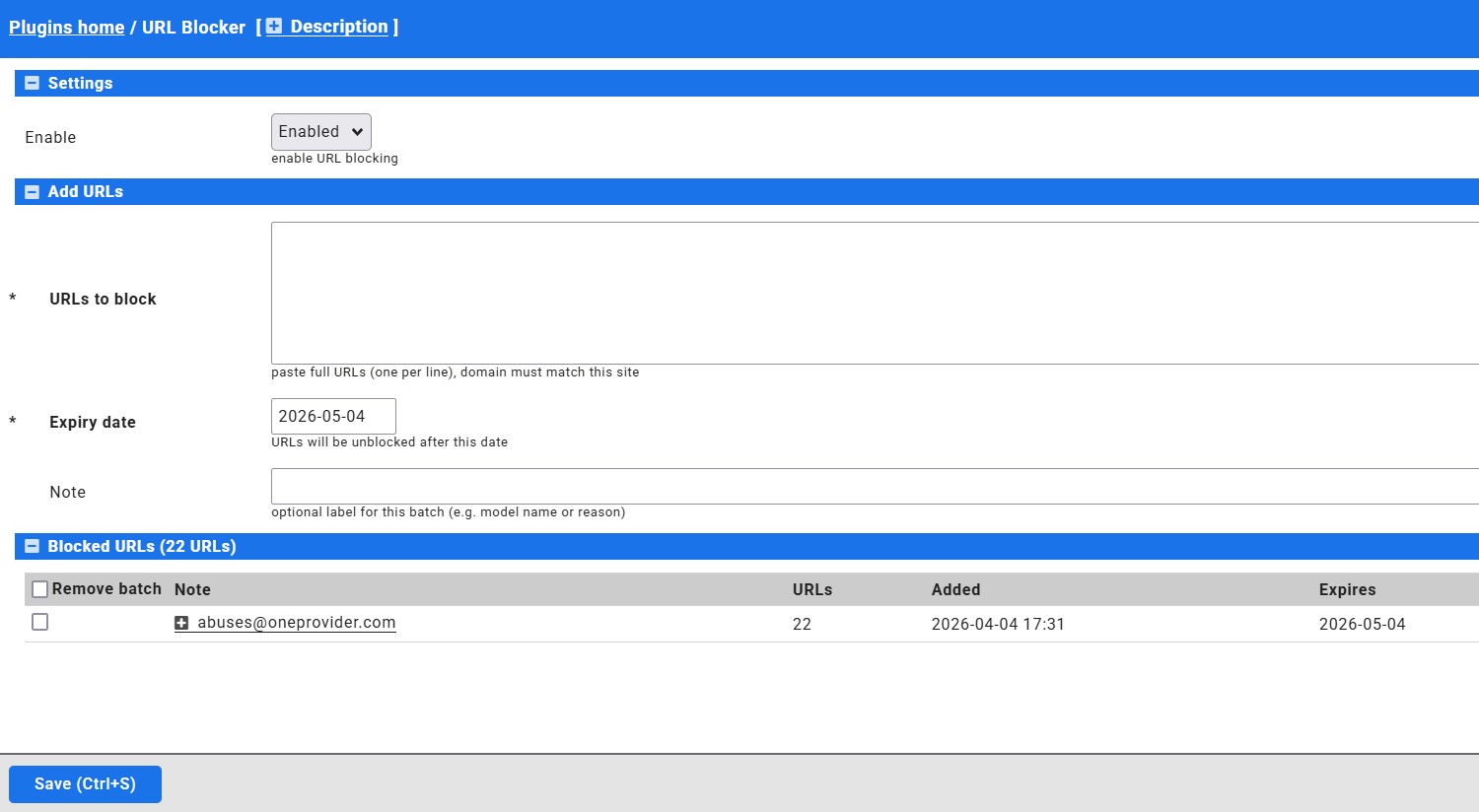URL Blocker admin panel